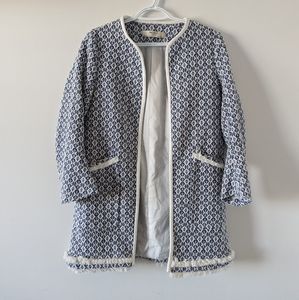 ZARA Basic Women's Size S Blue and White Patterned Coat with Fringe Detail